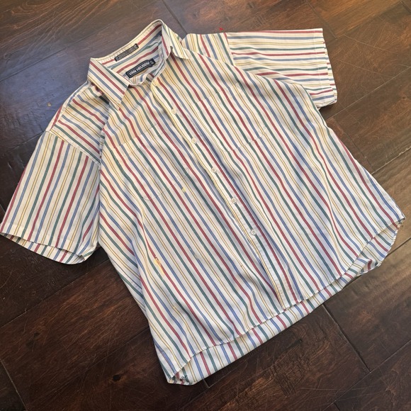 VAN HUESEN Shirt SZ  L Rainbow Stripes Buttons 1 pocket cotton Paint Splatter - Picture 4 of 7